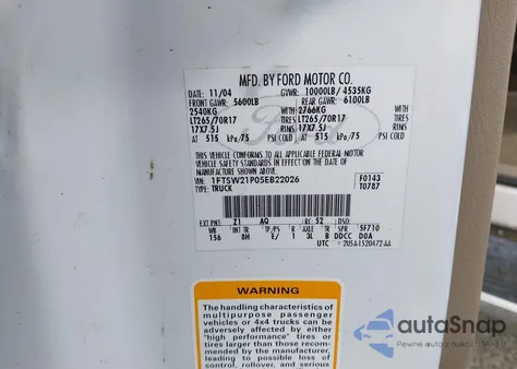 2005 Ford F-250 Lariat/Xl/Xlt из США, поврежденный, VIN 1FTSW21P05EB22026